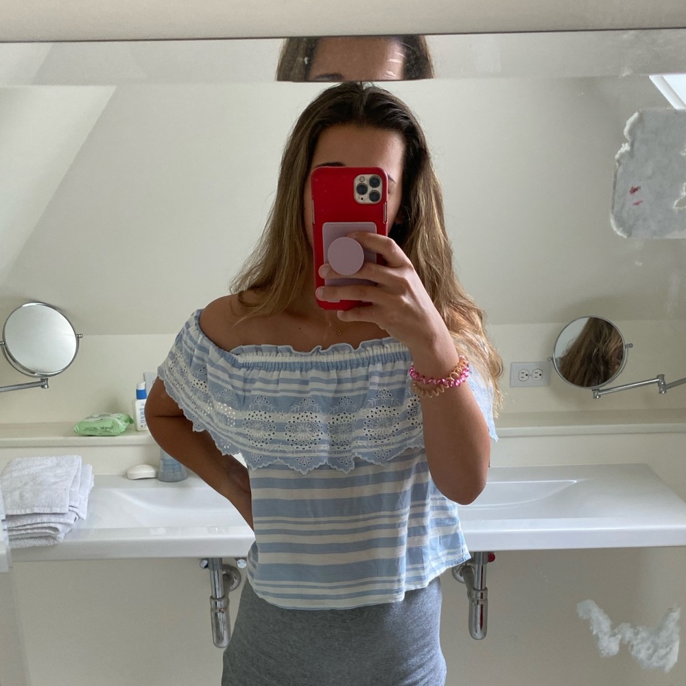 Brand new Blue Striped Off the Shoulder Top
